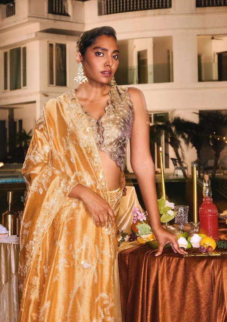 Gold Woven Blended Satin Art Silk Saree With Hand Embroidered Floral Motifs For Women - Indya