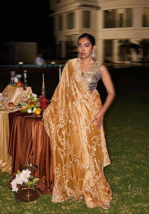 Gold Woven Blended Satin Art Silk Saree With Hand Embroidered Floral Motifs For Women