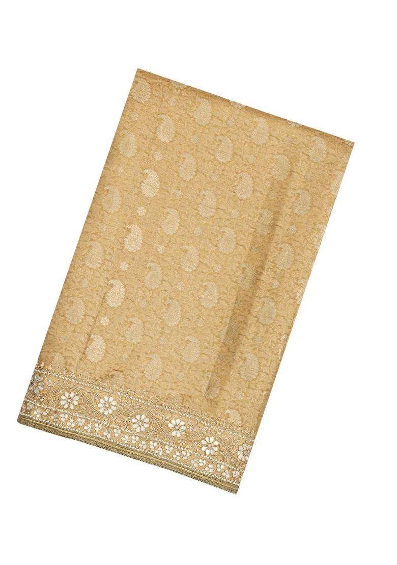 Taupe Woven Silk Saree With Hand Embroidered Motifs For Women - Indya