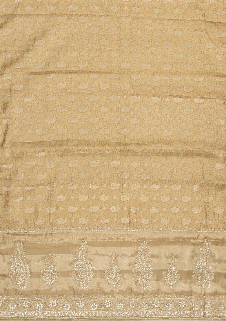 Taupe Woven Silk Saree With Hand Embroidered Motifs For Women - Indya