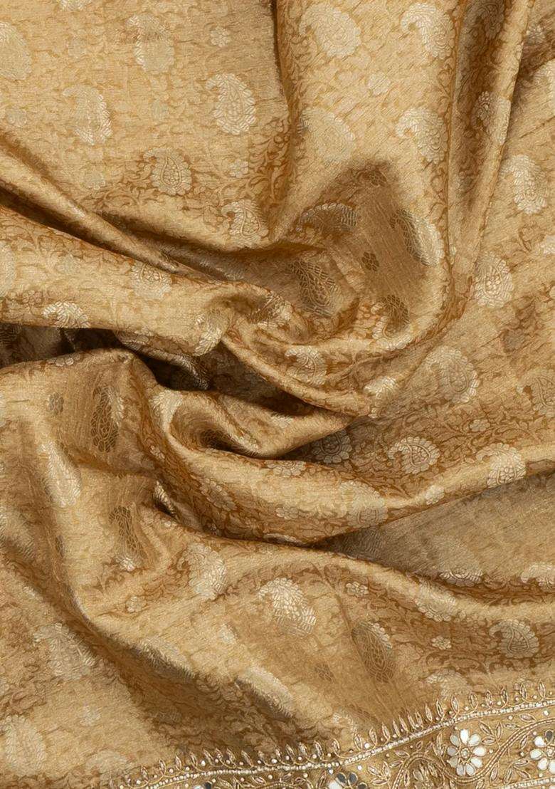 Taupe Woven Silk Saree With Hand Embroidered Motifs For Women - Indya