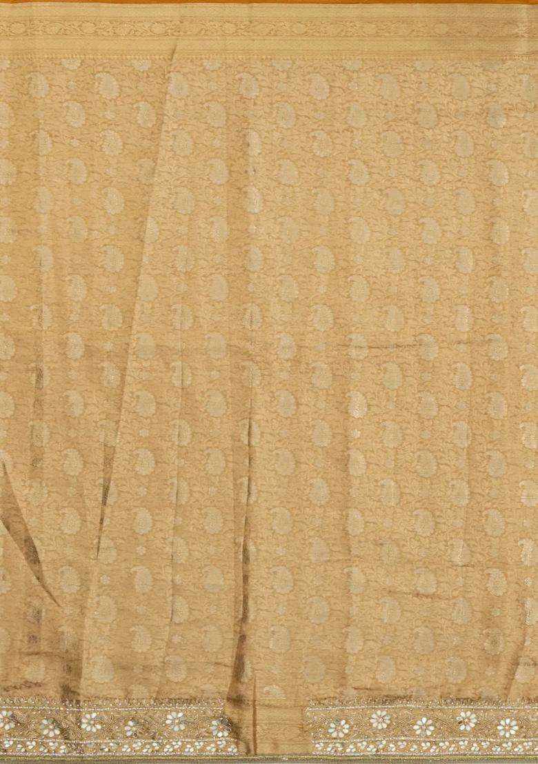Taupe Woven Silk Saree With Hand Embroidered Motifs For Women - Indya