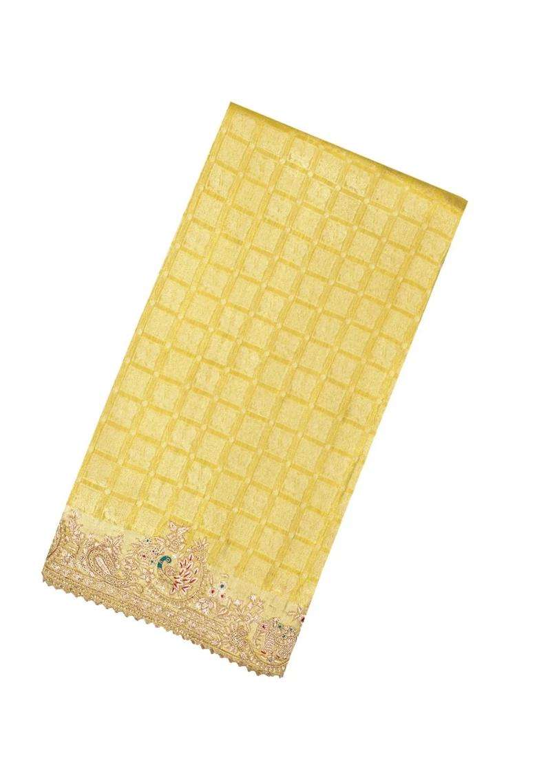 Lime Yellow Lemon Yellow Handloom Pure Silk Saree With Woven Hand Embroidered Motifs For Women - Indya