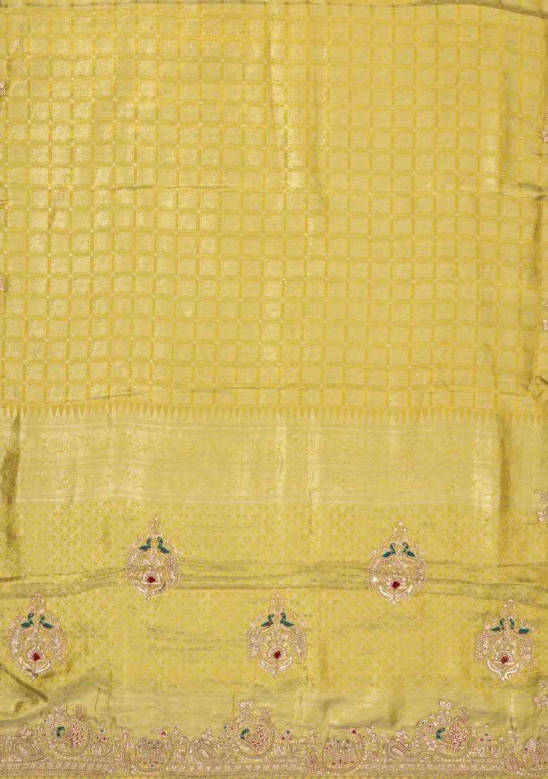 Lime Yellow Lemon Yellow Handloom Pure Silk Saree With Woven Hand Embroidered Motifs For Women - Indya