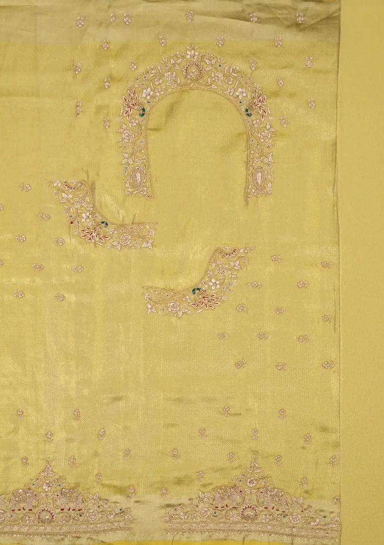 Lime Yellow Lemon Yellow Handloom Pure Silk Saree With Woven Hand Embroidered Motifs For Women - Indya