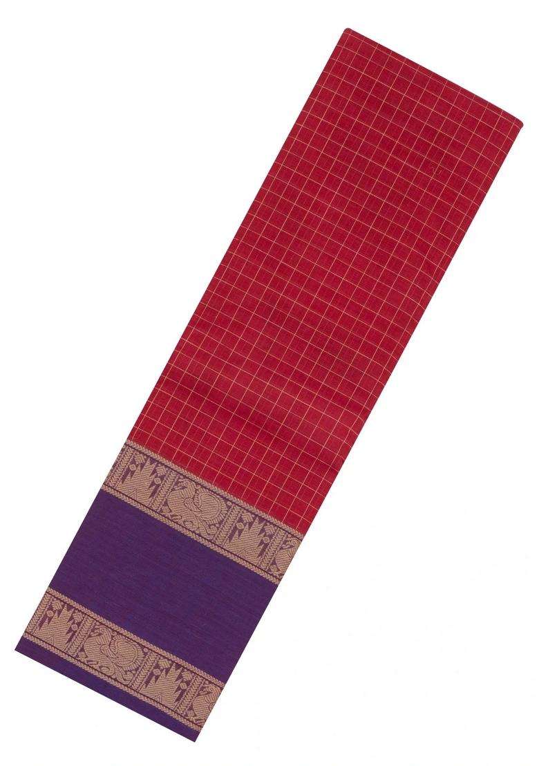 Red Handloom Kanchi Cotton Saree With Checks Contrast Border With Checks And Stripes Design For Women - Indya