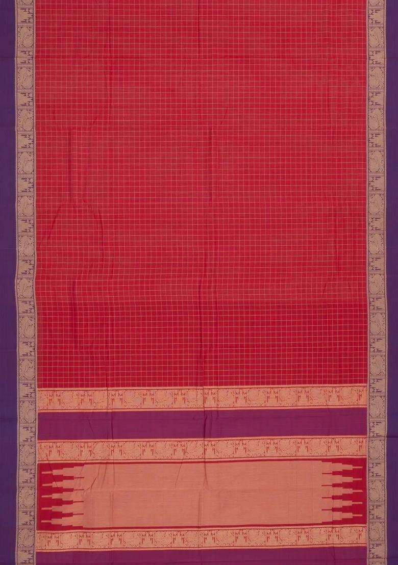Red Handloom Kanchi Cotton Saree With Checks Contrast Border With Checks And Stripes Design For Women - Indya