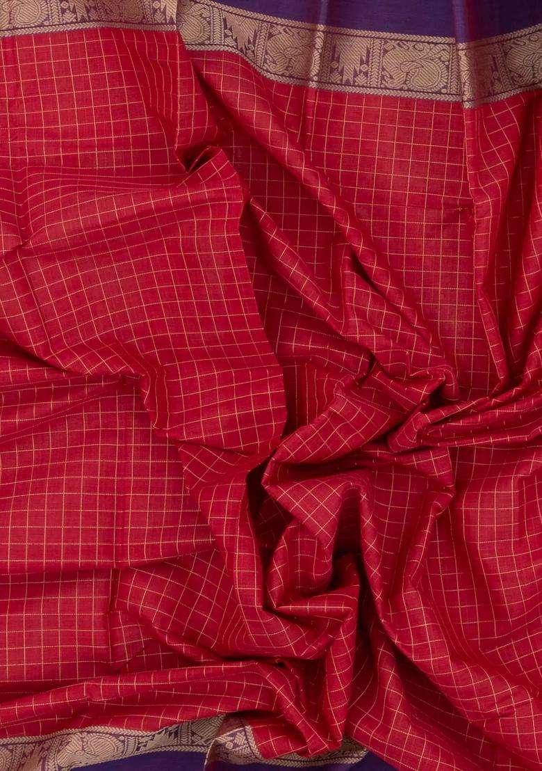 Red Handloom Kanchi Cotton Saree With Checks Contrast Border With Checks And Stripes Design For Women - Indya