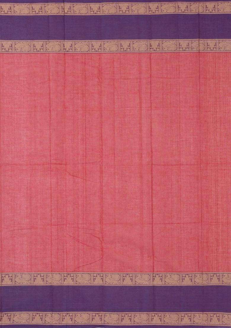 Red Handloom Kanchi Cotton Saree With Checks Contrast Border With Checks And Stripes Design For Women - Indya