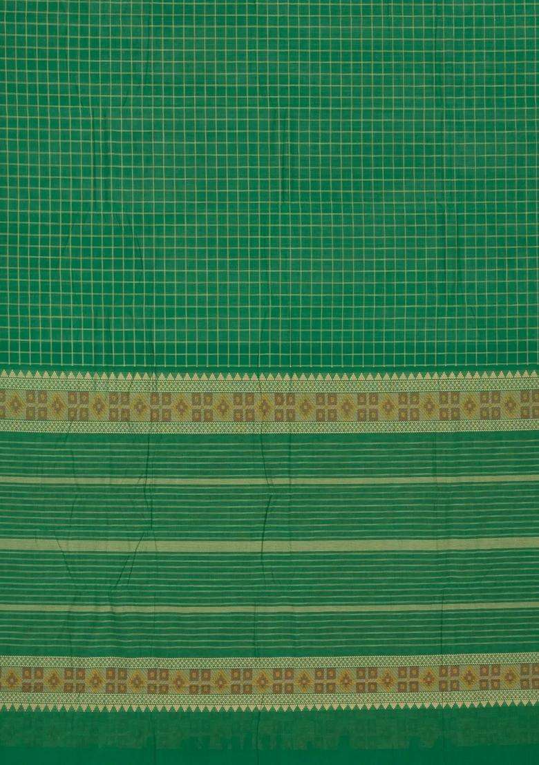 Green Handloom Kanchi Cotton Saree With Checks Contrast Border With Checks And Stripes Design For Women - Indya