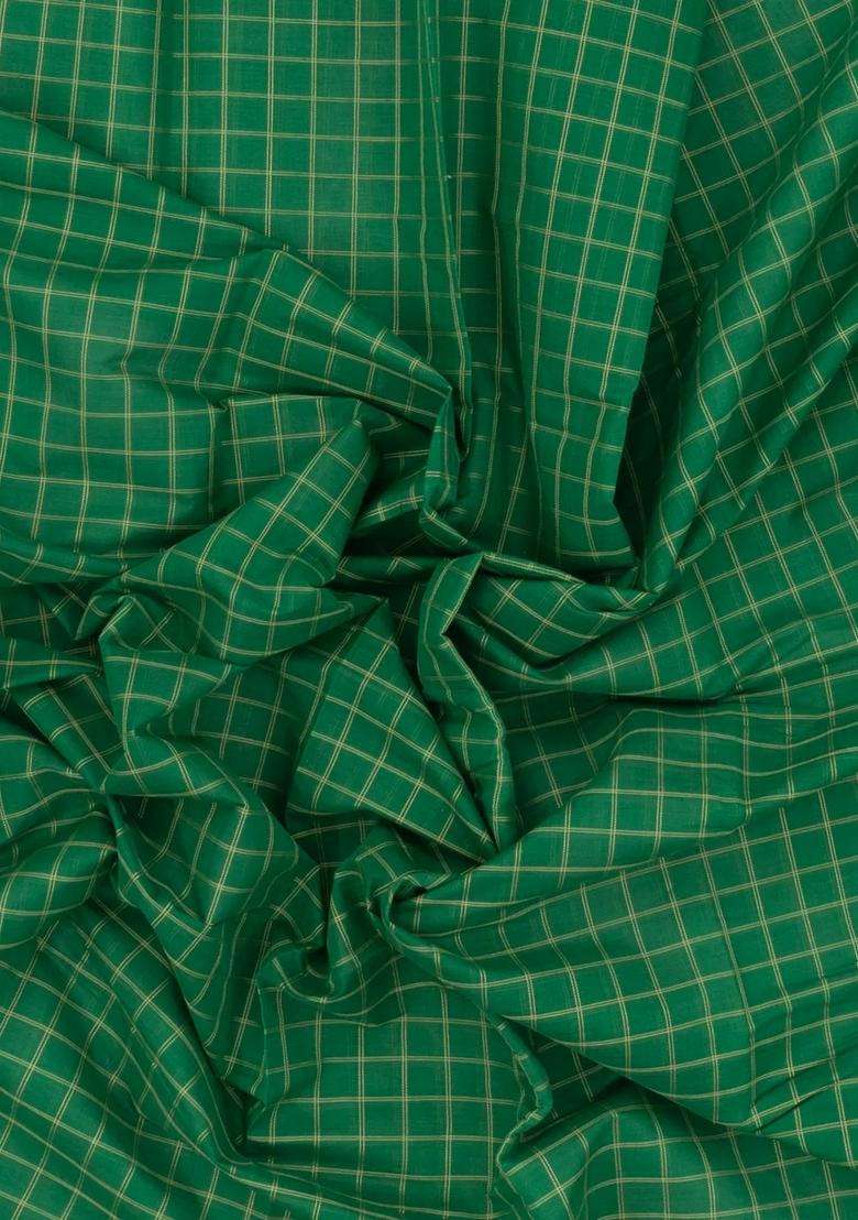 Green Handloom Kanchi Cotton Saree With Checks Contrast Border With Checks And Stripes Design For Women - Indya