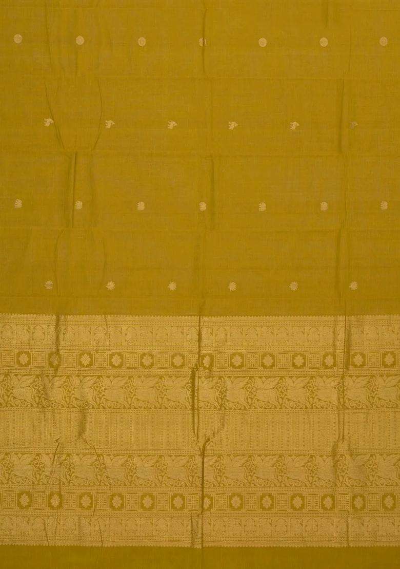 Olive Green Handloom Kanchi Cotton Saree With Elephant Buttas With Buttas And Brocade Design For Women - Indya