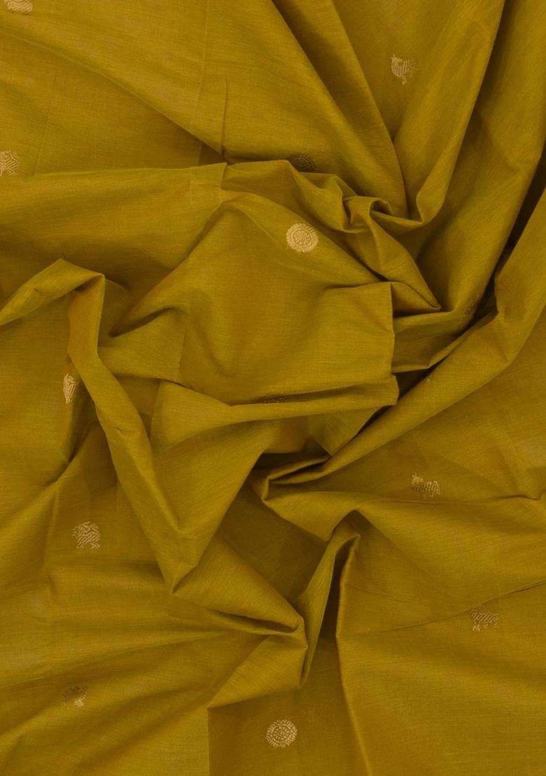 Olive Green Handloom Kanchi Cotton Saree With Elephant Buttas With Buttas And Brocade Design For Women - Indya