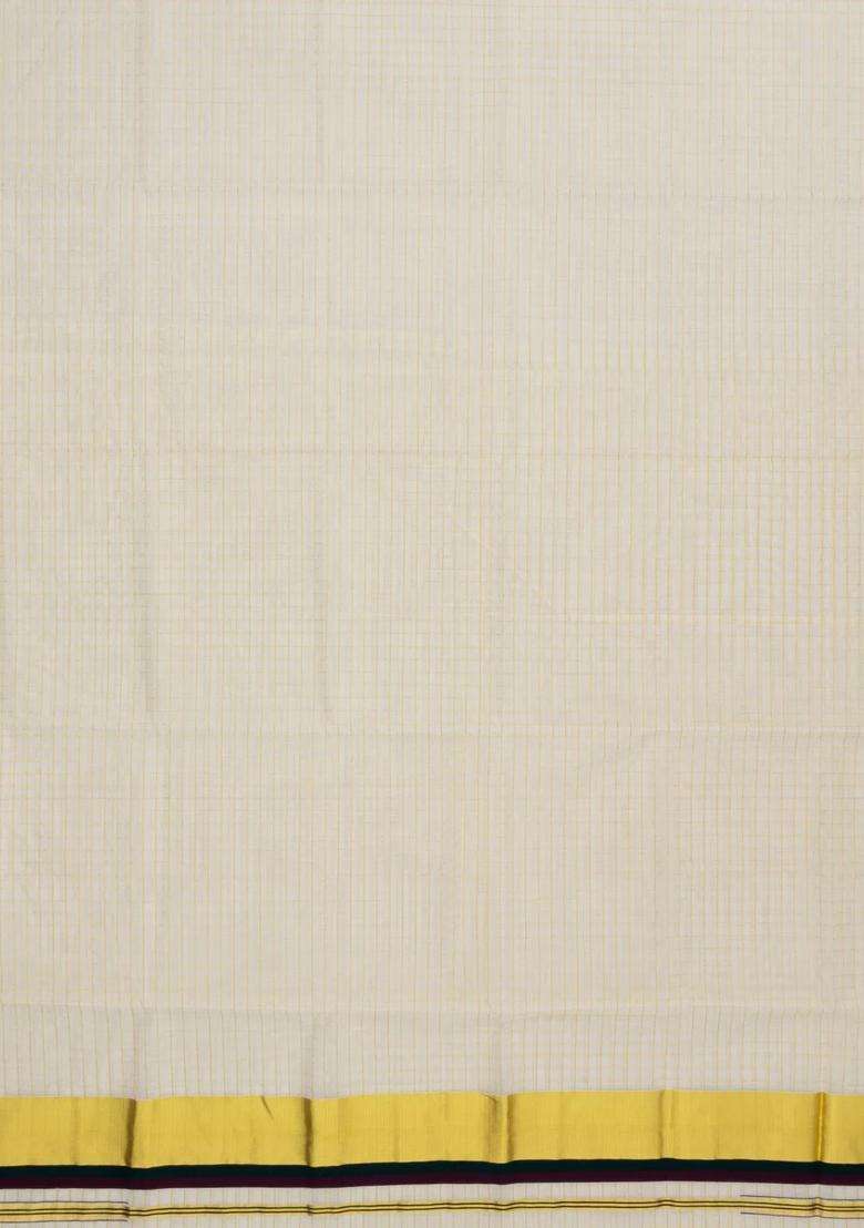 Off White Handloom Kerala Cotton Saree With Golden Zari Checks With Checks And Stripes Design For Women - Indya