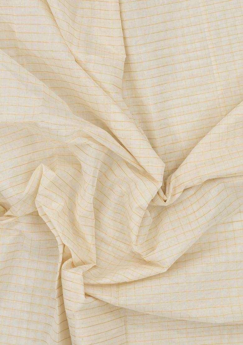 Off White Handloom Kerala Cotton Saree With Golden Zari Checks With Checks And Stripes Design For Women - Indya