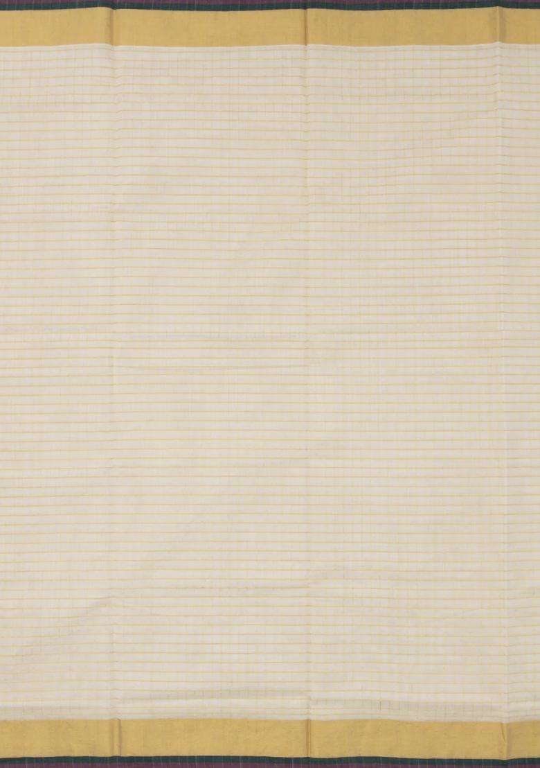 Off White Handloom Kerala Cotton Saree With Golden Zari Checks With Checks And Stripes Design For Women - Indya