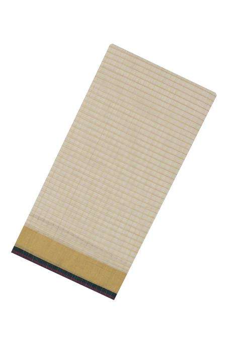 Off White Handloom Kerala Cotton Saree With Golden Zari Checks With Checks And Stripes Design For Women