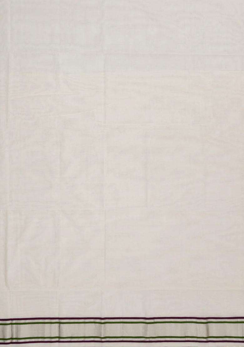Off White Handloom Kerala Cotton Saree With Maroon Zari Border With Traditional Woven Design For Women - Indya
