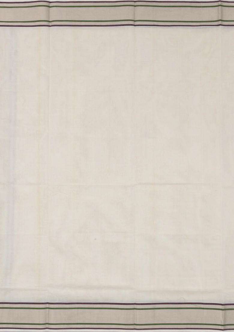 Off White Handloom Kerala Cotton Saree With Maroon Zari Border With Traditional Woven Design For Women - Indya