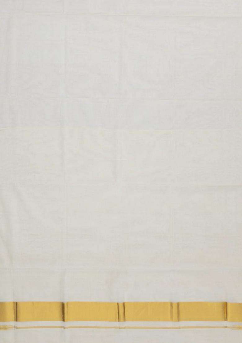 Off White Handloom Kerala Cotton Saree With Zari Border With Traditional Woven Design For Women - Indya