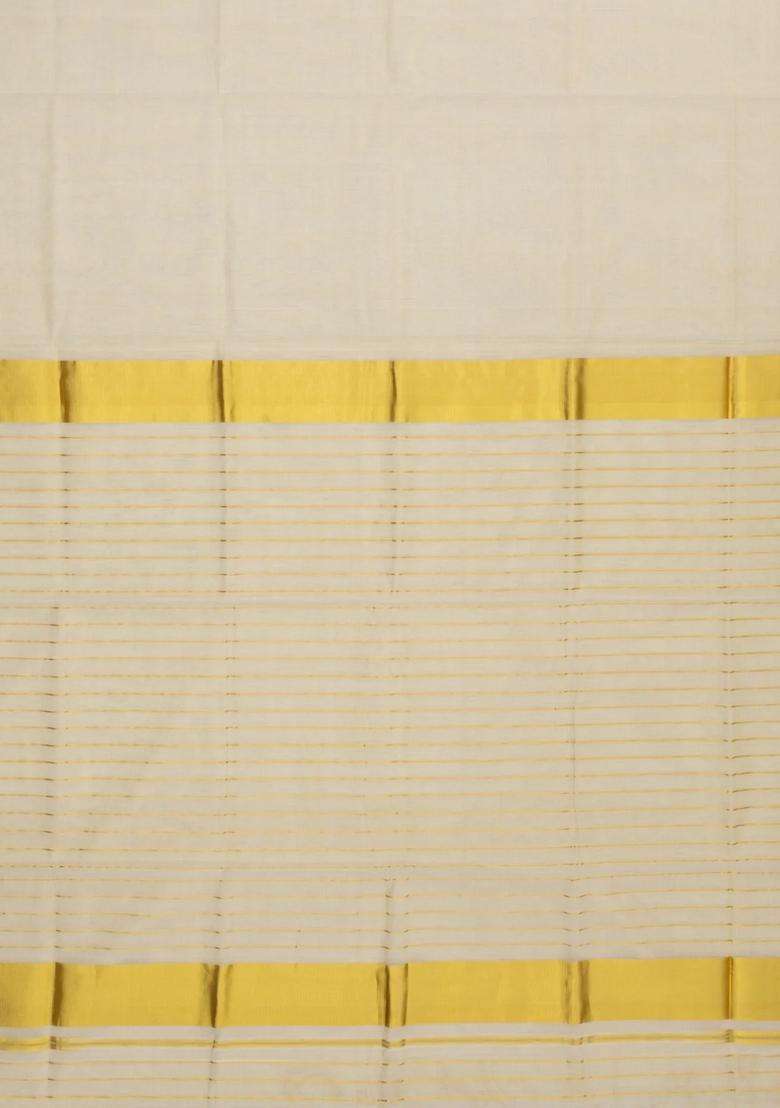 Off White Handloom Kerala Cotton Saree With Zari Stripes With Checks And Stripes Design For Women - Indya