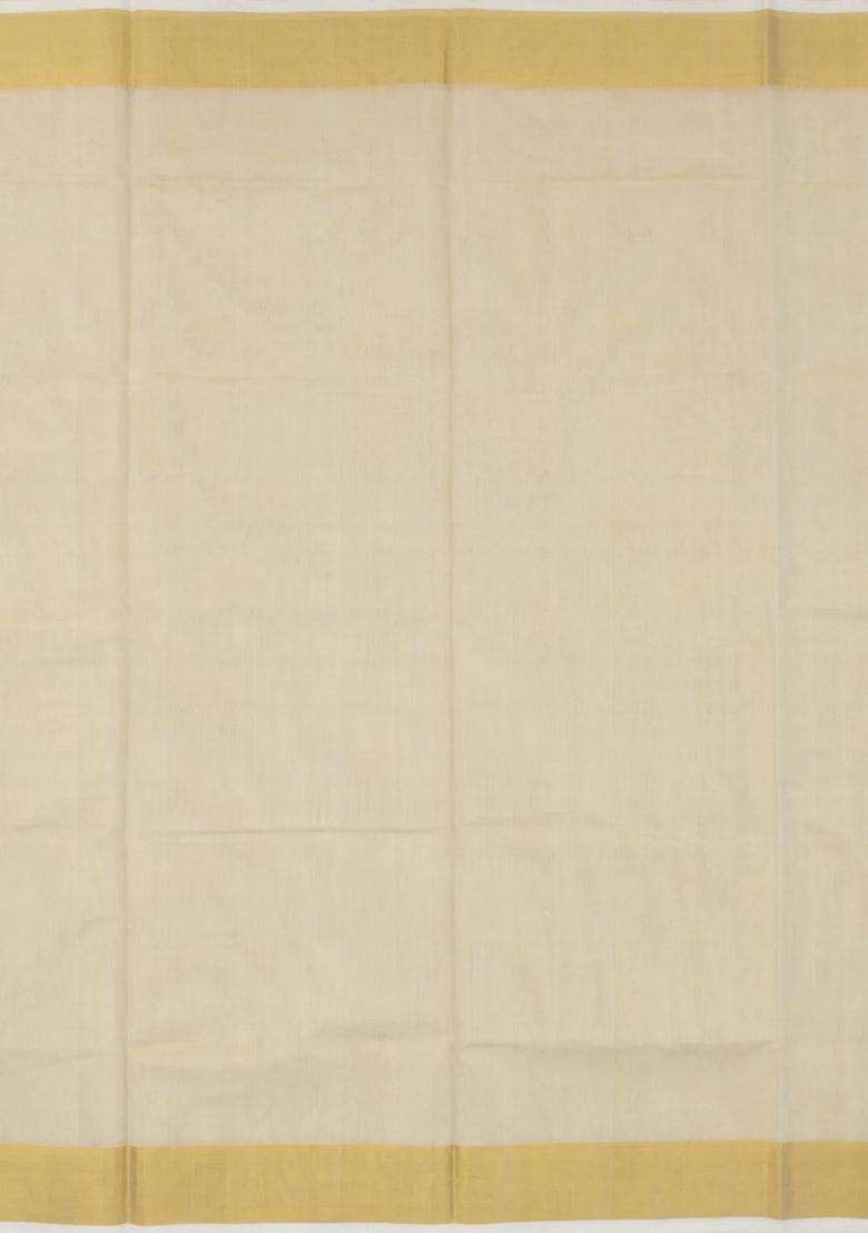 Off White Handloom Kerala Cotton Saree With Zari Stripes With Checks And Stripes Design For Women - Indya