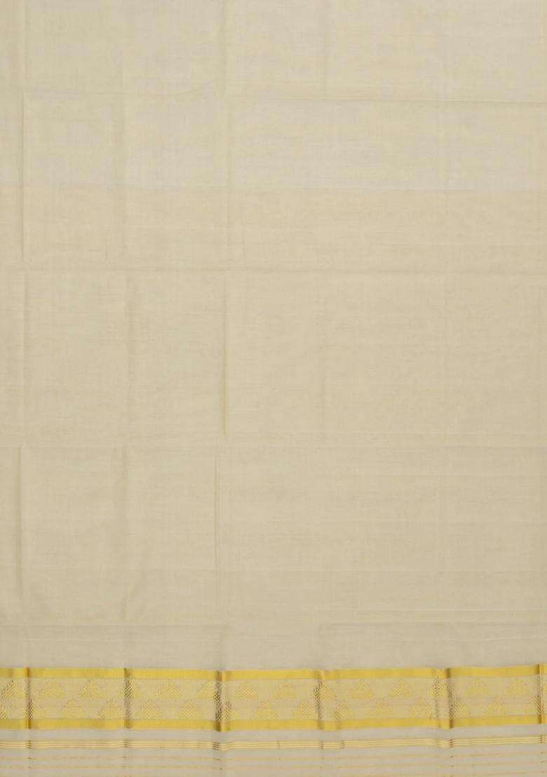 Off White Handloom Kerala Cotton Saree With Zari Stripes Border With Checks And Stripes Design For Women - Indya