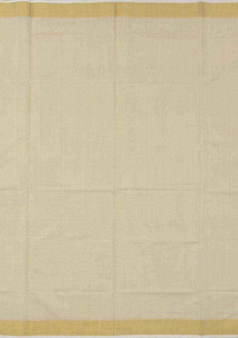 Off White Handloom Kerala Cotton Saree With Zari Stripes Border With Checks And Stripes Design For Women - Indya
