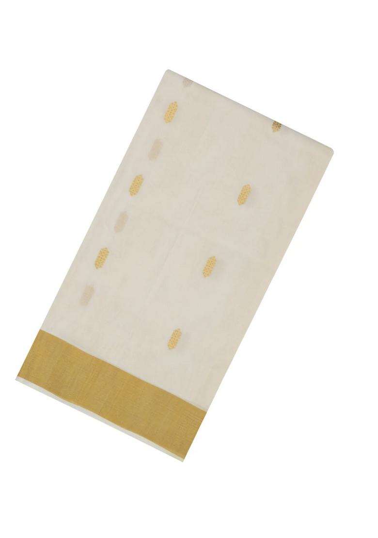 Off White Handloom Kerala Cotton Saree With Floral Buttas With Buttas And Brocade Design For Women - Indya