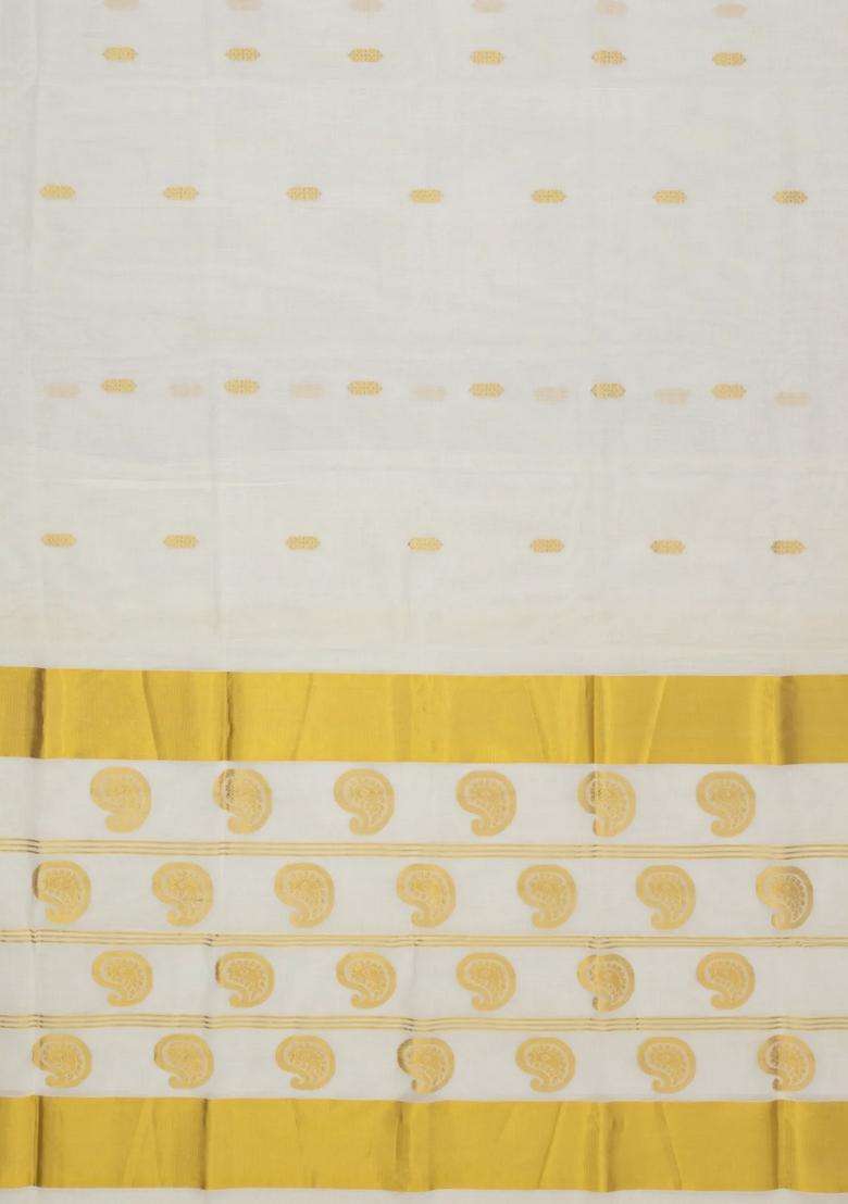 Off White Handloom Kerala Cotton Saree With Floral Buttas With Buttas And Brocade Design For Women - Indya