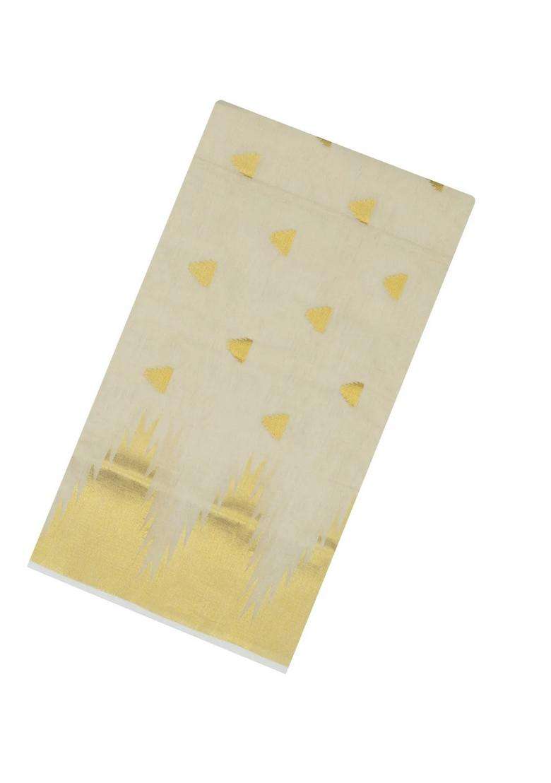 Off White Handloom Kerala Cotton Saree With Temple Zari Border Buttas With Korvai And Temple Border Design For Women - Indya