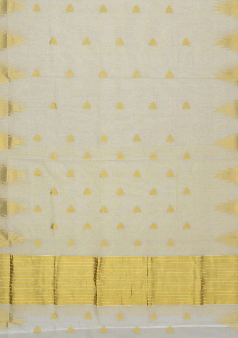 Off White Handloom Kerala Cotton Saree With Temple Zari Border Buttas With Korvai And Temple Border Design For Women - Indya