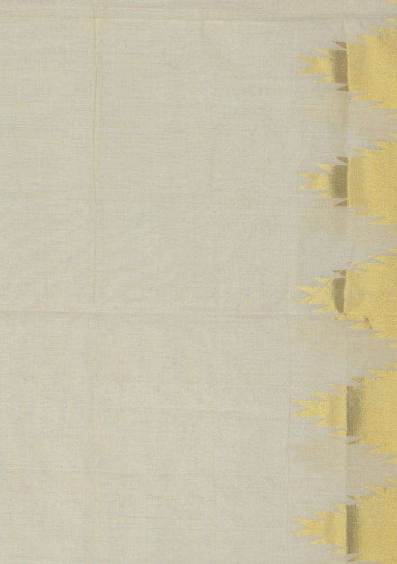 Off White Handloom Kerala Cotton Saree With Temple Zari Border Buttas With Korvai And Temple Border Design For Women - Indya