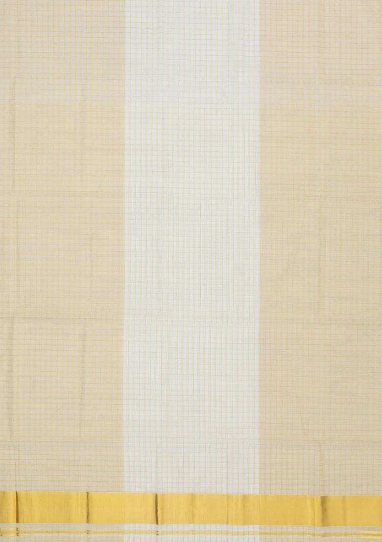 Off White Cream Handloom Kerala Cotton Saree With Zari Checks With Checks And Stripes Design For Women - Indya