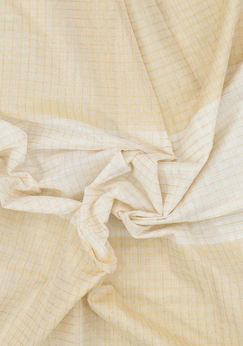 Off White Cream Handloom Kerala Cotton Saree With Zari Checks With Checks And Stripes Design For Women - Indya