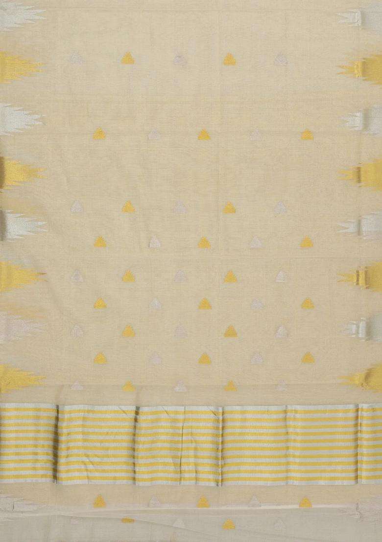 Off White Handloom Kerala Cotton Saree With Zari Buttas Border With Buttas And Brocade Design For Women - Indya