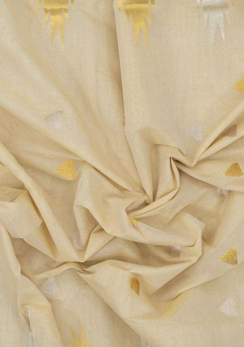 Off White Handloom Kerala Cotton Saree With Zari Buttas Border With Buttas And Brocade Design For Women - Indya