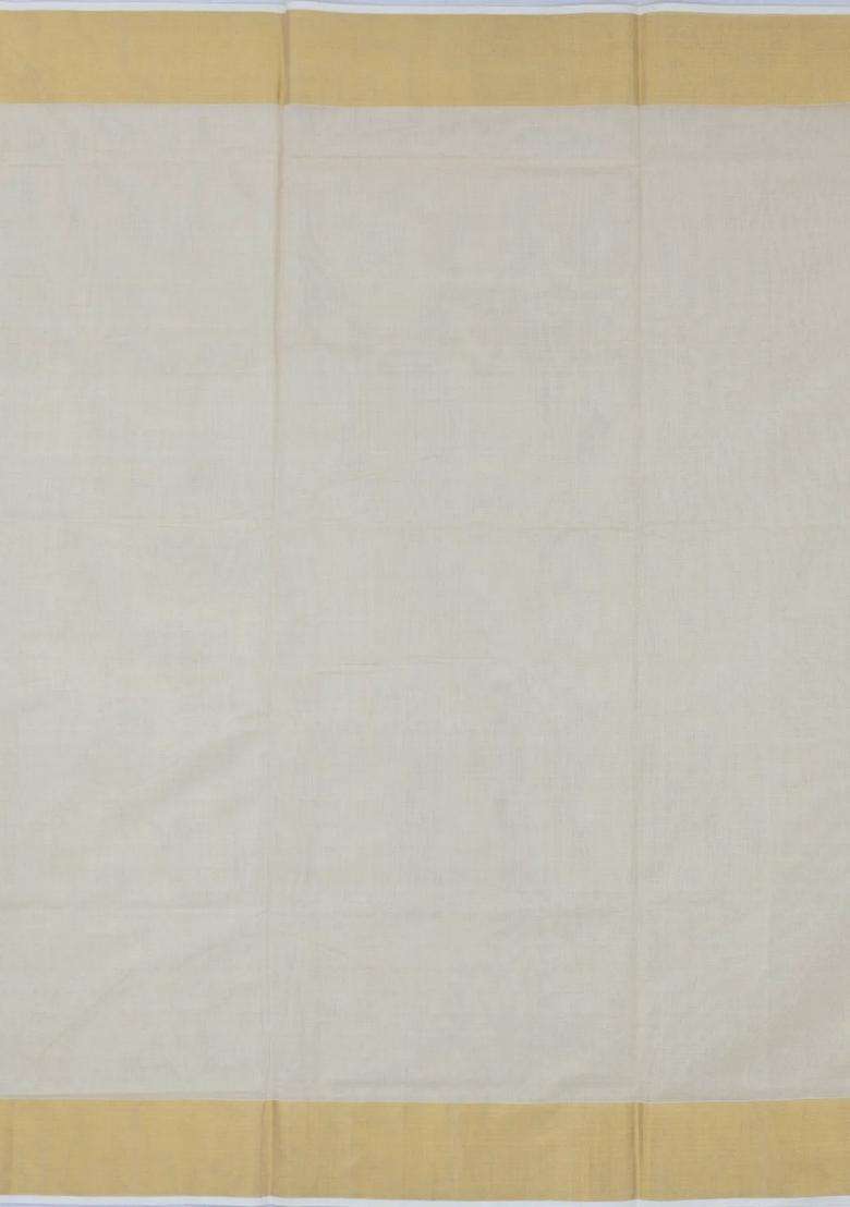 Off White Handloom Kerala Cotton Saree With Temple Buttas With Korvai And Temple Border Design For Women - Indya