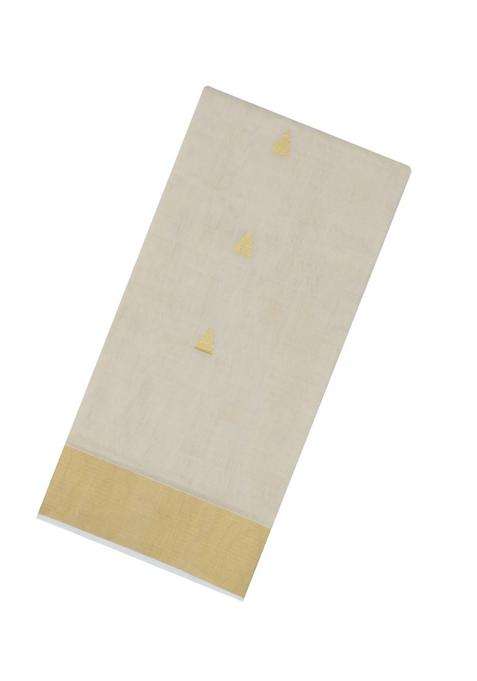 Off White Handloom Kerala Cotton Saree With Temple Buttas With Korvai And Temple Border Design For Women