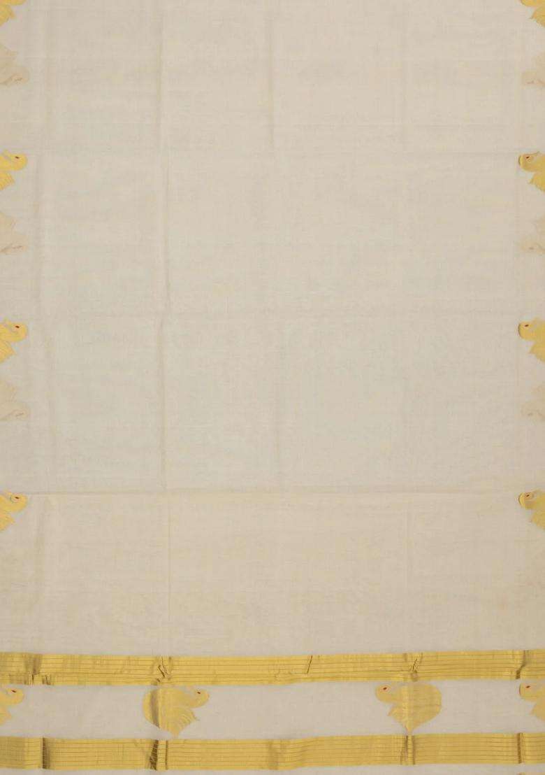 Off White Handloom Kerala Cotton Saree With Annam Buttas With Buttas And Brocade Design For Women - Indya