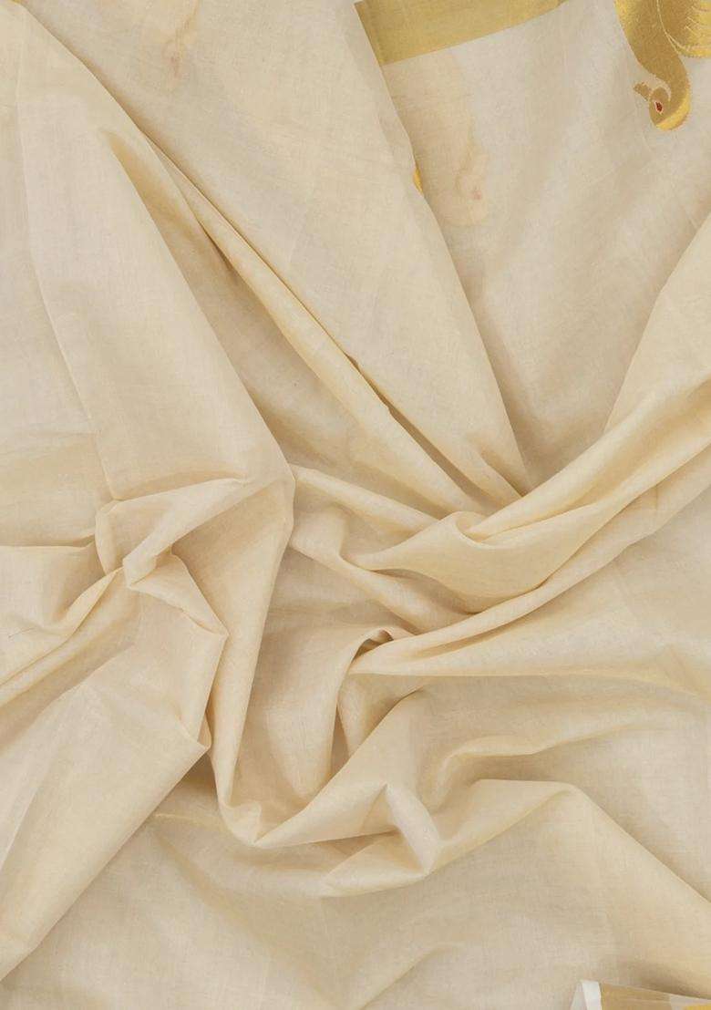 Off White Handloom Kerala Cotton Saree With Annam Buttas With Buttas And Brocade Design For Women - Indya
