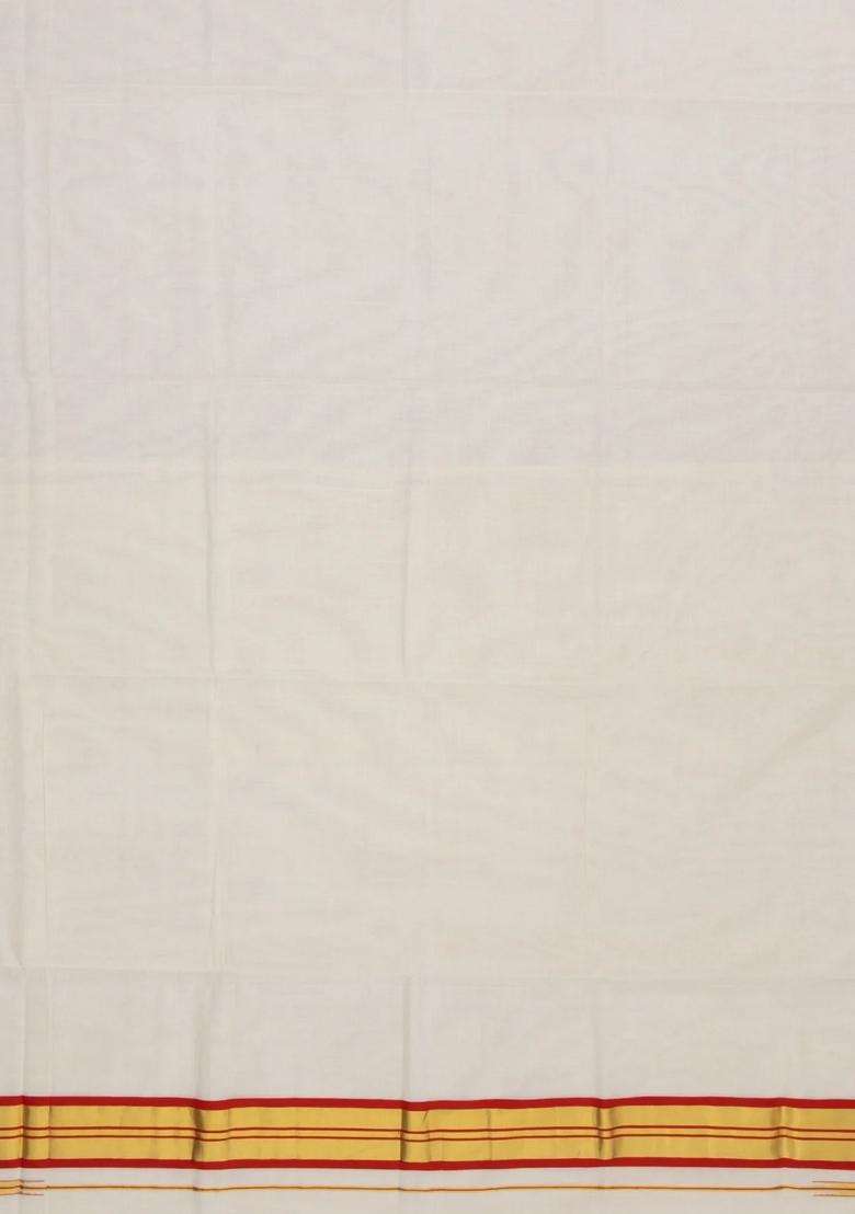 Off White Handloom Kerala Cotton Saree With Red Border With Traditional Woven Design For Women - Indya