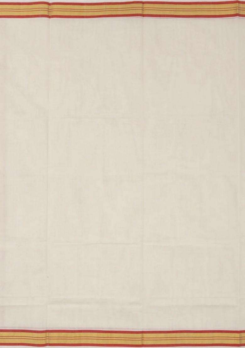 Off White Handloom Kerala Cotton Saree With Red Border With Traditional Woven Design For Women - Indya