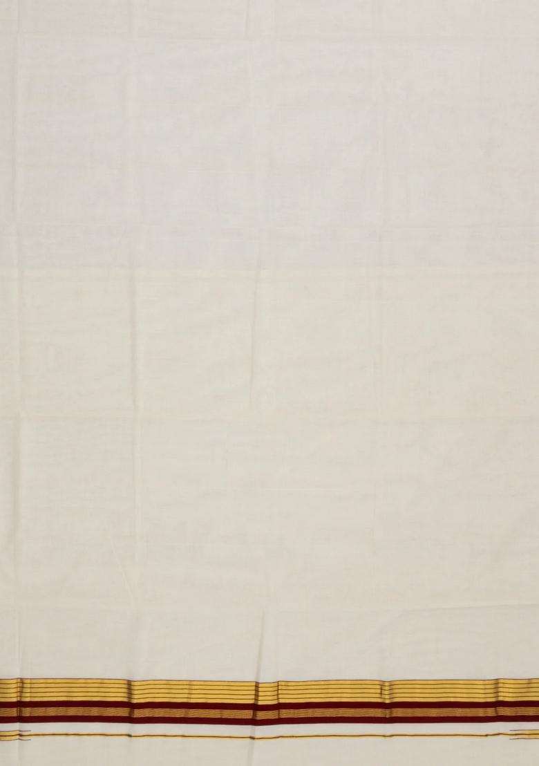 Off White Handloom Kerala Cotton Saree With Maroon Border With Traditional Woven Design For Women - Indya