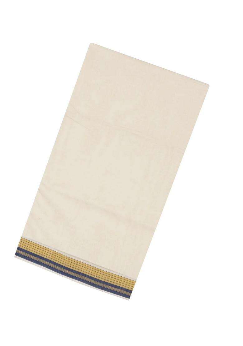 Off White Handloom Kerala Cotton Saree With Navy Blue Border With Traditional Woven Design For Women - Indya