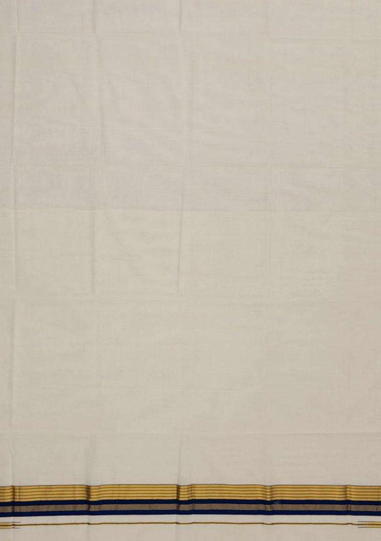 Off White Handloom Kerala Cotton Saree With Navy Blue Border With Traditional Woven Design For Women - Indya