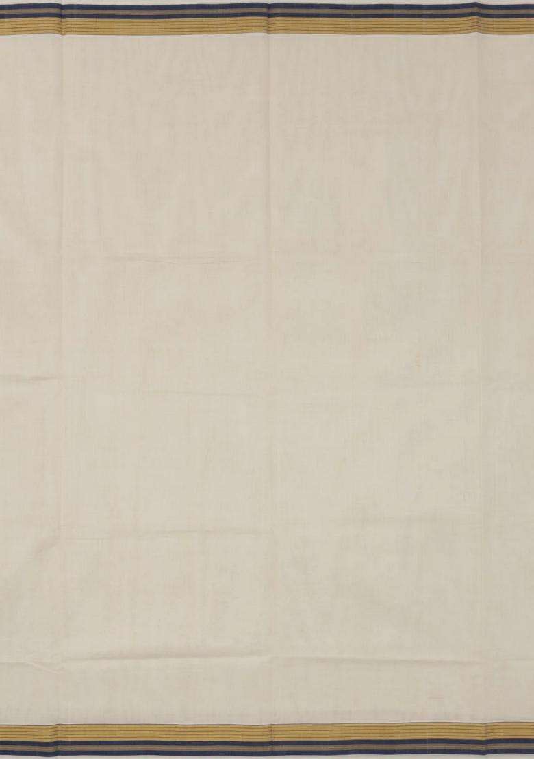 Off White Handloom Kerala Cotton Saree With Navy Blue Border With Traditional Woven Design For Women - Indya