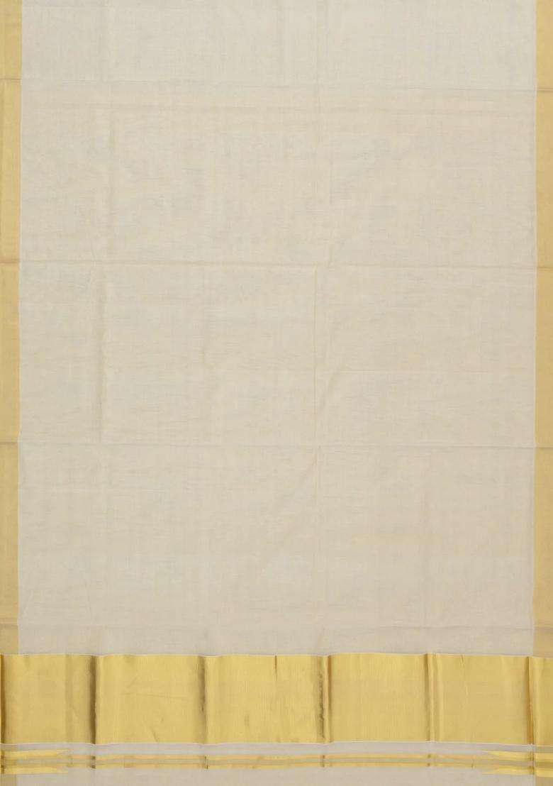 Off White Handloom Kerala Cotton Saree With Zari Border With Traditional Woven Design For Women - Indya