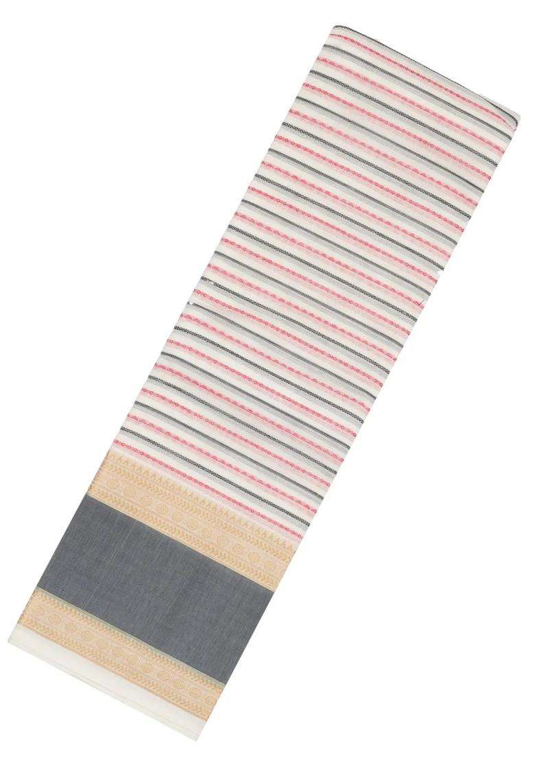 Off White Handloom Kanchi Cotton Saree With Beldari Stripes With Checks And Stripes Design For Women - Indya