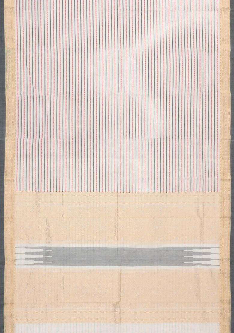 Off White Handloom Kanchi Cotton Saree With Beldari Stripes With Checks And Stripes Design For Women - Indya